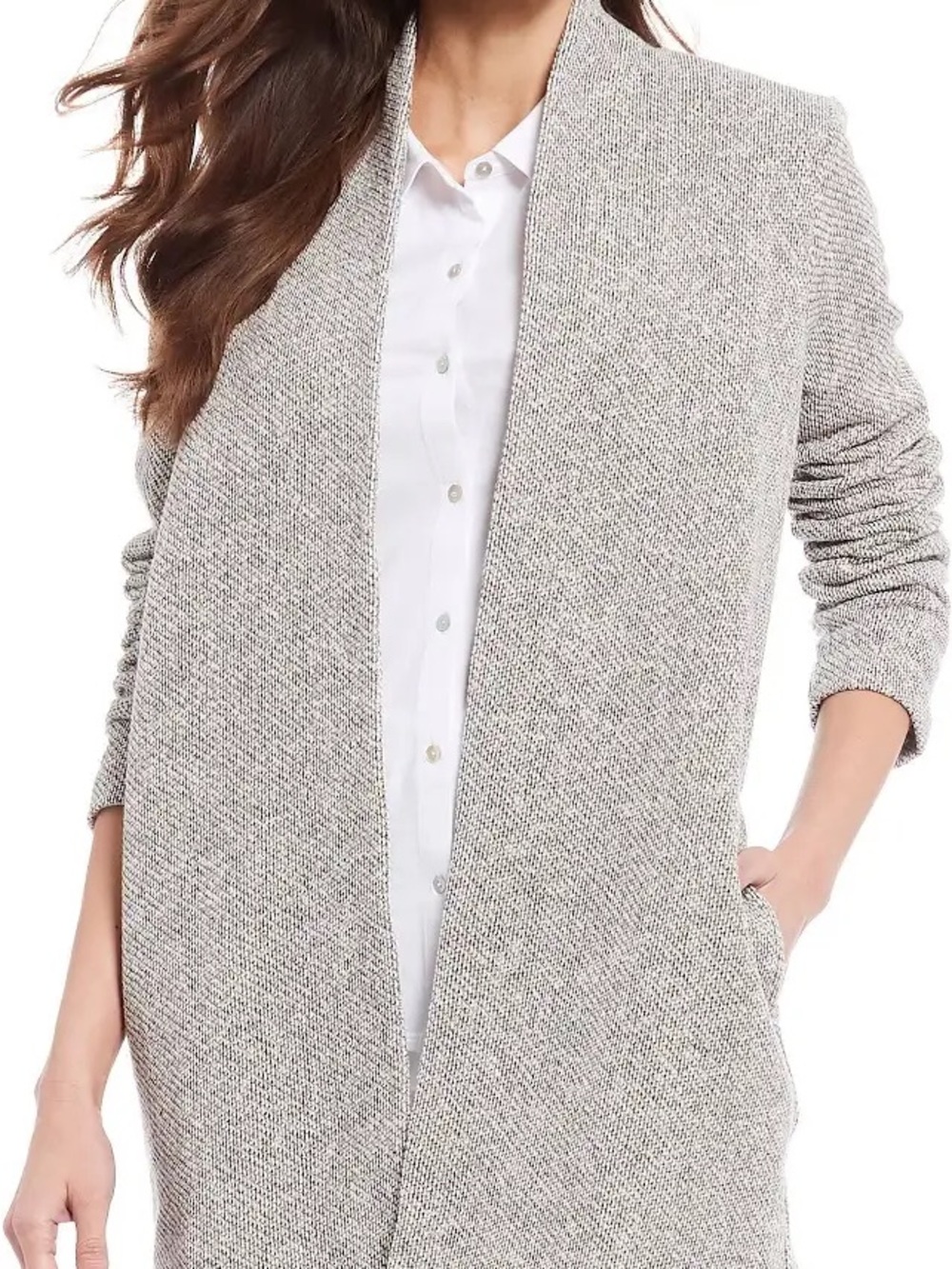 Eileen Fisher Heathered Gray Open-Front 100% Cotton Long Cardigan